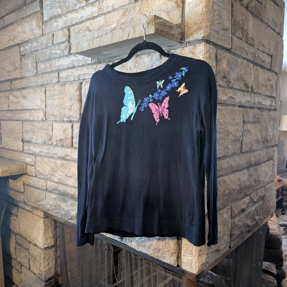 Talbots Butterfly Embroidered Navy M Sweater